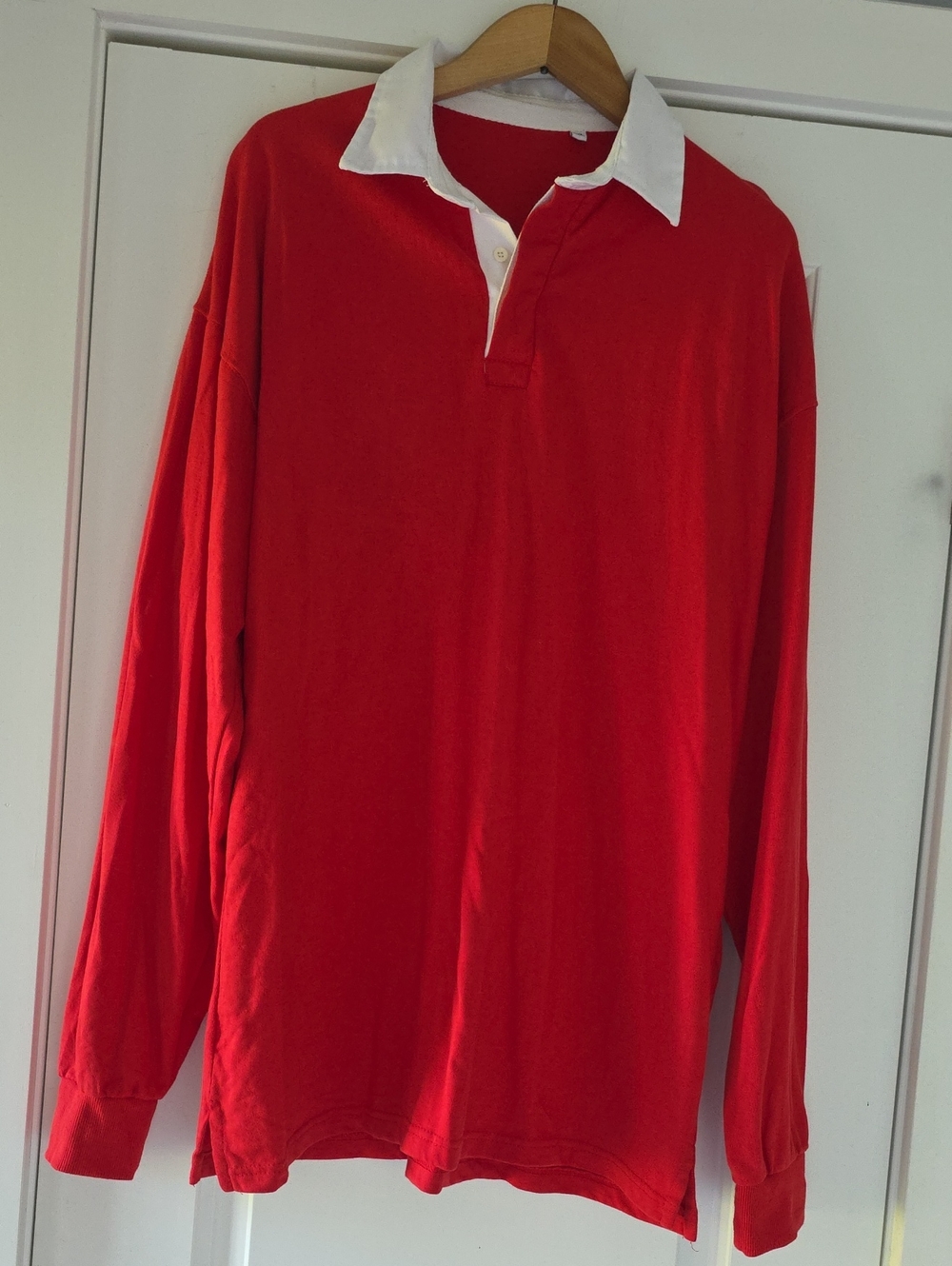 Men's Red Long-Sleeve Rugby Polo with White Collar